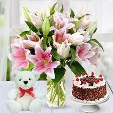 Pink Lilies & Black Forest Cake With Teddy